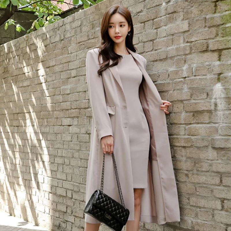 

2019 Autumn And Winter New Style Korean-style Elegant Suit Collar Single Breasted Long Coat Dress Two-Piece Set