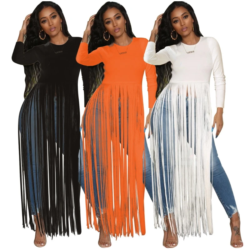

Solid Color Long Sleeve Maxi Tshirt Dress Ropa Mujer Hip Hop Streetwear Tassels Patchwork Fringe Dresses Casual Fit And Flare
