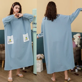 

Female Casual Long Sleeve Nightdress Large Size Women Dress Fashion Fruit Print Pocket Loose Nightdress