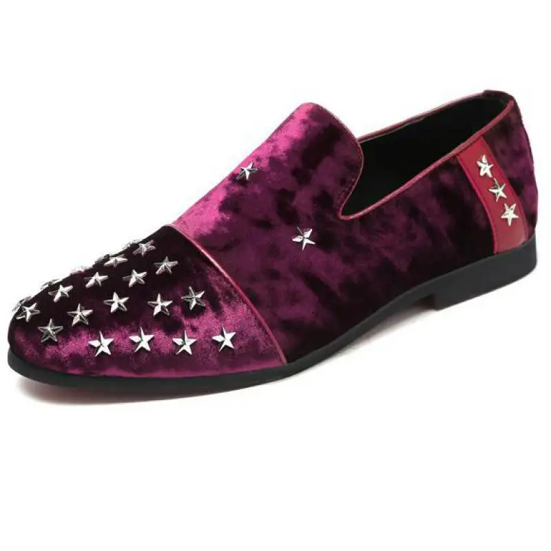 

37~48 Plus Size Mens Star Pattern Suede Loafer Formal Shoes Men Slip On Flats Driving Loafers Red Patchwork Dress Wedding Shoe