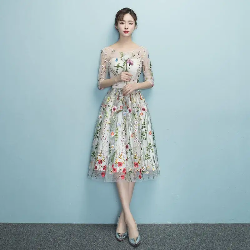 Женское Изысканное вечернее Сетчатое платье Qipao, свадебное сексуальное платье с круглым воротником, китайское платье с аппликацией, Vestidos - Цвет: champagne