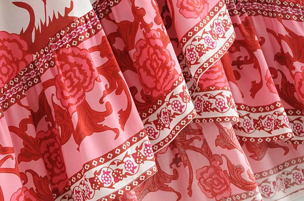 New Bohemia Red White Flower Print Front Split Ruffles Hem High Waist Asymmetrical Swing Women Wrap Skirts Holiday