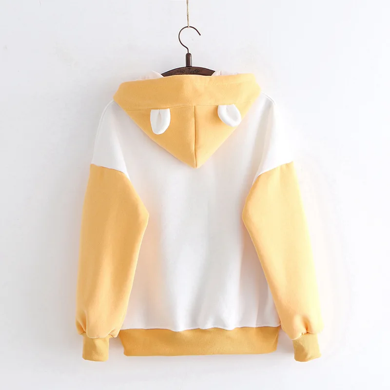 Kawaii Embroidery Women Loose Yellow Hoodies with Ear Winter Japanese Harajuku Cute Cartoon Animal Girls Fleece Grey Sweatshirt