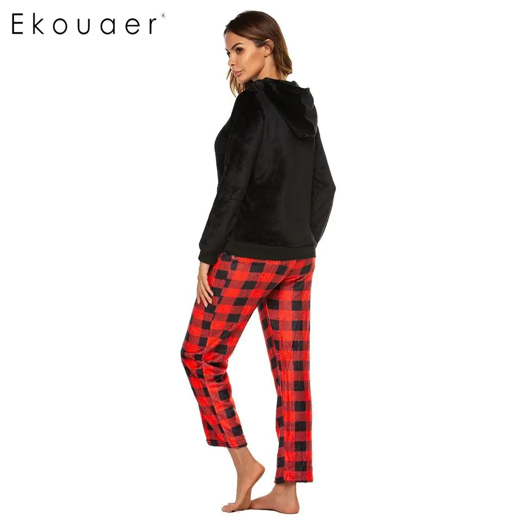 Ekouaer, женская пижама с капюшоном, зимняя одежда для сна, комплект, топы с длинными рукавами, длинные штаны, Уютные теплые пижамные комплекты, домашняя одежда