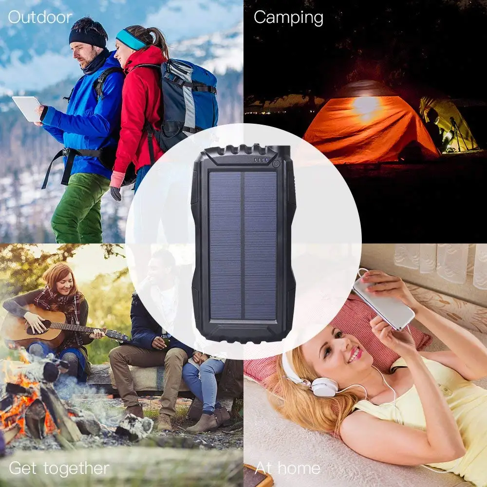 Открытый водонепроницаемый Солнечный внешний аккумулятор для iphone11 pro xiaomi 25000mAh зарядное устройство 2 USB внешний аккумулятор с светодиодный