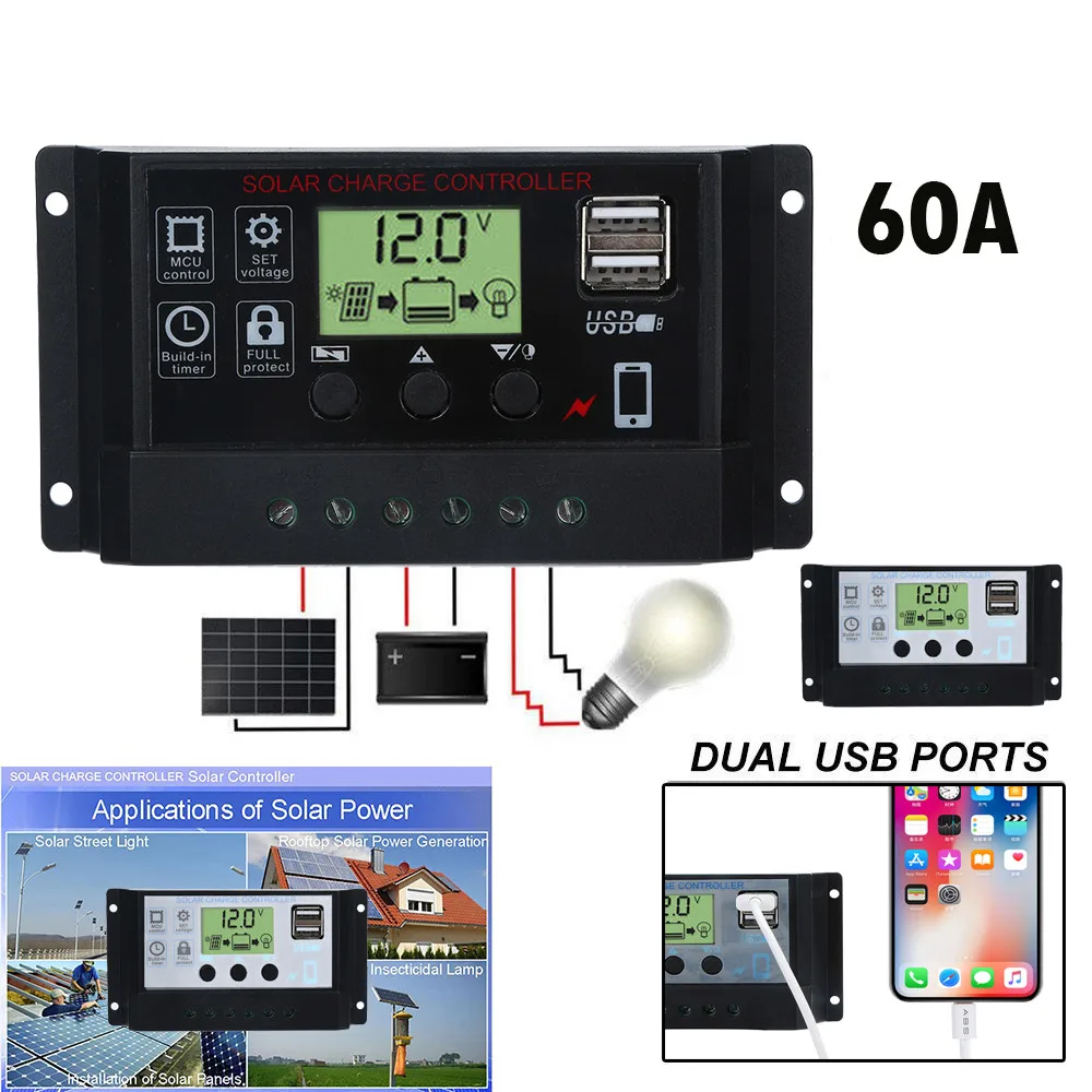 Панели солнечные регулятор заряда аккумулятора USB 60A 12 V-24 V с двойным USB Зарядное устройство Панели солнечные s Батарея контроллер заряда