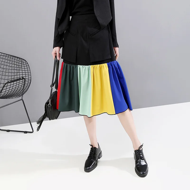 

Women Contrast Striped Patch High Waist Midi A Line Skirt 2019 New Arrivals