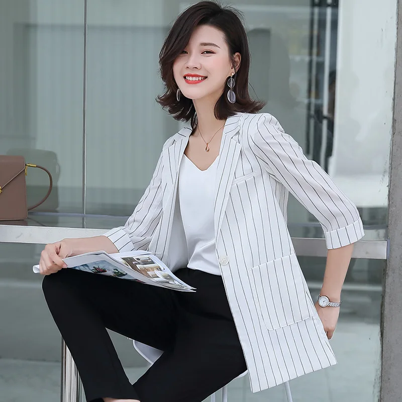 New 2020 Black White Female Elegant Striped Womens Women Blazers Casual Long Blazer Dress for Lady Blazers and Jackets Coats 600