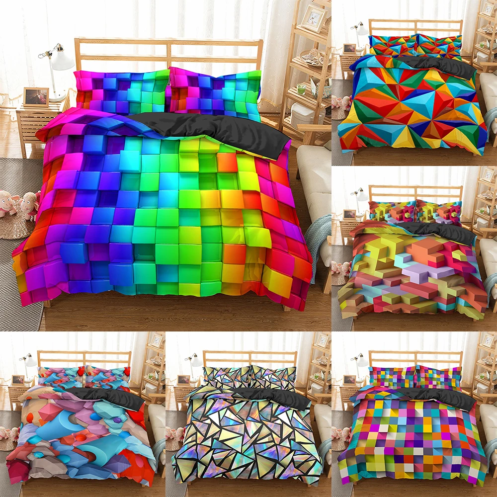 

3D Toy Print Bedding Set Geometric Dot Building Blocks Duvet Cover Set Kids Bed Cover Colorful Game Comforter Cover