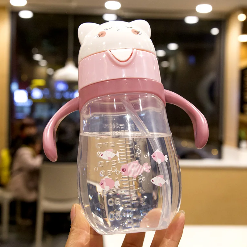 270 мл Бутылочка для питья с широким горлышком для кормления с ручками, силиконовая соломинка, Тренировочная бутылочка с присосками для младенцев, герметичная - Цвет: Розовый