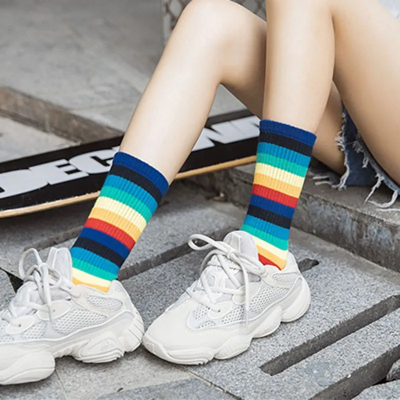 Rainbow Stripes Socks Breathable Casual Elastic Antumn Winter Women Elastic Happy Ankle Socks