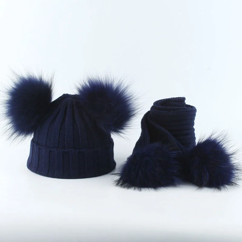 navy hat scarf Детская вязаная шапочка с натуральным мехом и помпоном, набор шарфов, костюм для маленьких мальчиков и девочек, шапка, шарф, зимняя теплая - Цвет: navy hat scarf