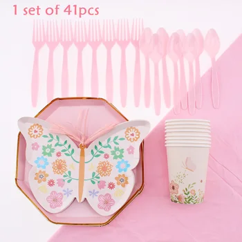 

Pink Butterfly Pattern Plate cup Straw Solid Color Tablecloth Birthday Party Home Decoration Disposable Tableware Baby Shower