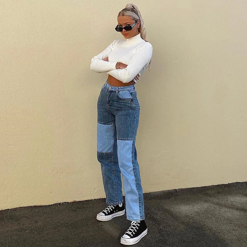 SIDDONS Jeans For Women Fashion Patchwork Jeans Baggy Pants Women Streetwear Cargo Pants High Waisted Denim Straight Trousers