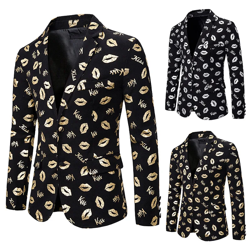 Мужской костюм slim fit мода губы печати Золотое Тиснение костюм платье представление пальто