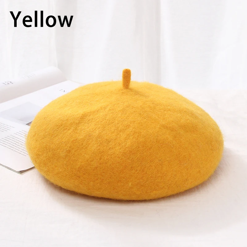 Yellow Зимняя шерстяная теплая шапка, французский стильный берет, женская шапка, винтажная женская шапка для художника, шляпы для прогулок, Женская однотонная шапка, шапка бини, шапка для девочки, розовая - Цвет: Yellow