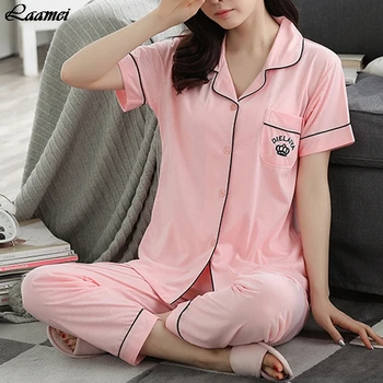 

Womens Pajamas Sets Cotton Couple Spring Long Sleeve Sleepwear V-Neck Femme Lounge Pijama Mujer