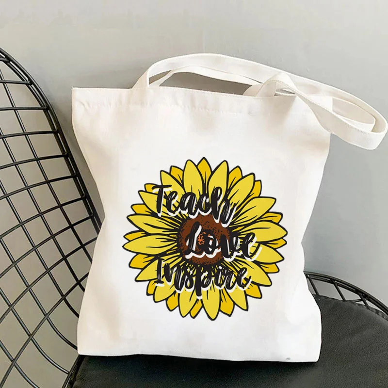 

Teacher Sunflower Teach Love Inspire Printed Tote Bag women Harajuku handbag girl Shoulder shopping bag Lady gift Canvas Bag