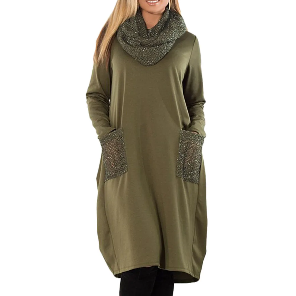 

Oversize Casual Autumn Dress Women Winter Sequins Scarf Collar Basic Tunic Ladies Army Green Plus Size Dresses Long Sleeve 2019