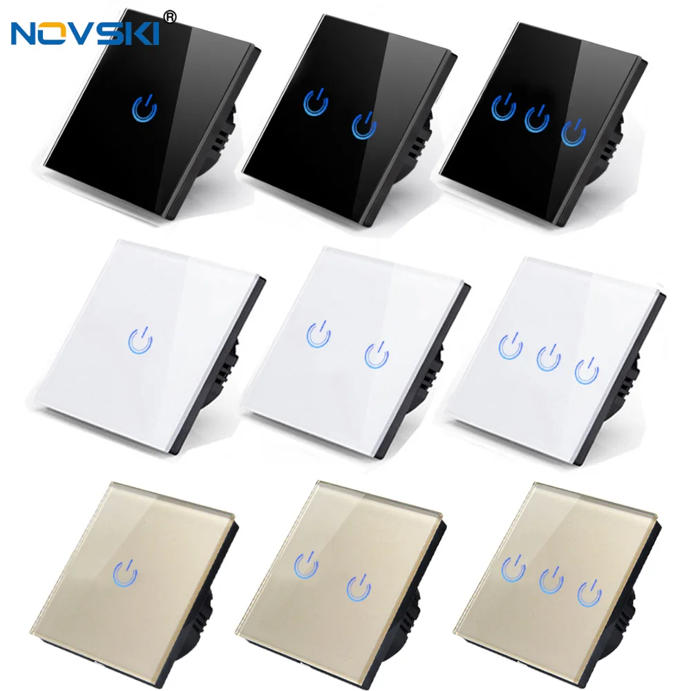 

NOVSKI Touch Switch Crystal Glass Panel, EU Standard Smart Touch Sensor Power Switch, 1/2/3 gang with LED back light AC 220V