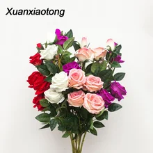 Xuanxiaotong 5 Глава 63 см Бархатный Цветок Розы Искусственный Длинный Стебель с Листьями Почки Свадьба Украшение дома партии Поддельный Цветок