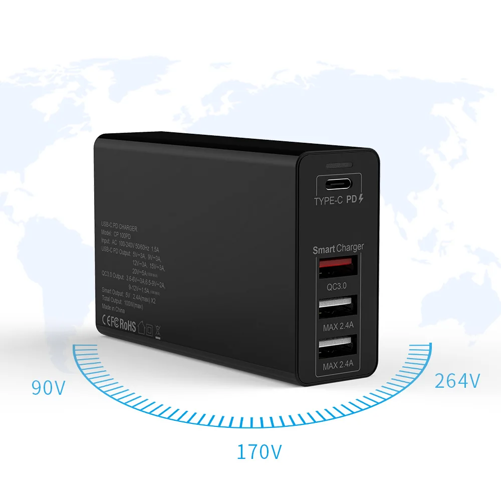100 Вт PD адаптер зарядные устройства QC 3,0 4 порта для macbook huaweibook EU UK AU US розетки 100 Вт PD адаптер зарядные устройства QC 3,0 4 порта для macbook huaweibook EU UK AU US розетки