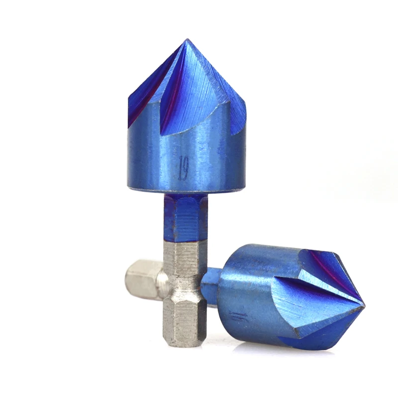 6pcs 6-19mm Countersink Drill Bit 5 Flutes Hex Shank Blue-nano Coated Chamfer Cutter Set For Home and Industrial New