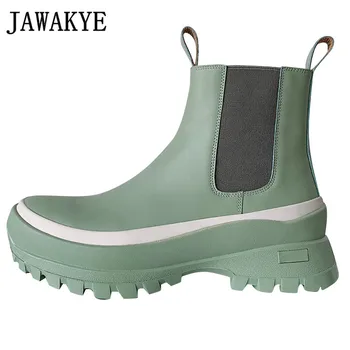 

Black Green Leather Chelsea Ankle Boots Women Round toe Thick Bottom slip on flat Winter Shoes Woman Martin Boots botas mujer