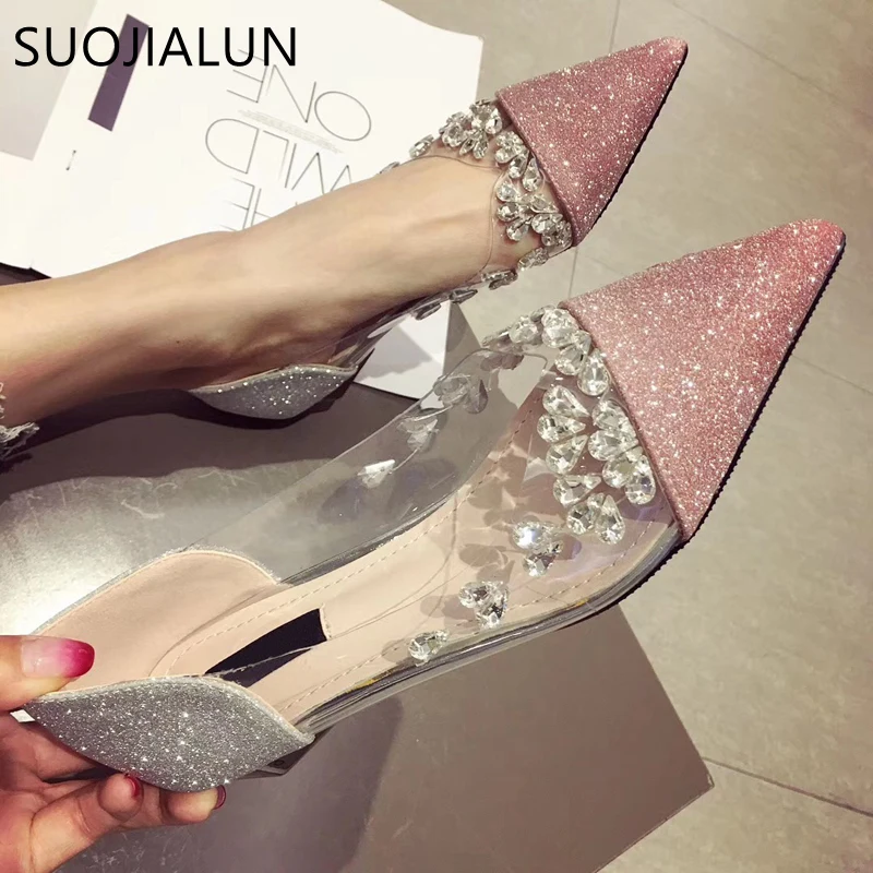 $20.74 Suojialun Women's Pointed Toe Flat Shoes Fashion Casual Rhinestone Low Heel Flat Shoes Slip O