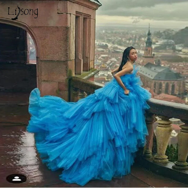 

Pretty Blue Tutu Chic Tiered Long Evening Party Dresses Puffy Riched Tulle Hi Low Prom Gowns Off The Shoulder Formal Dresses