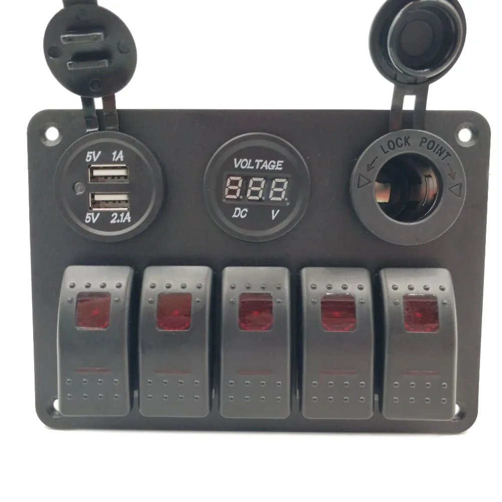 

12V 24V 5 Gang Red ON-OFF Toggle Switch Panel 2USB For Car Boat Marine RV Truck Trailer Camper