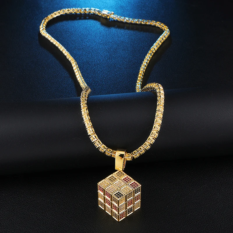 US7 Bling Square Dice Pendant Necklace Copper Gold Silver Color Iced Out Cubic Zircon Men Hip Hop Jewelry Street Danc Gift