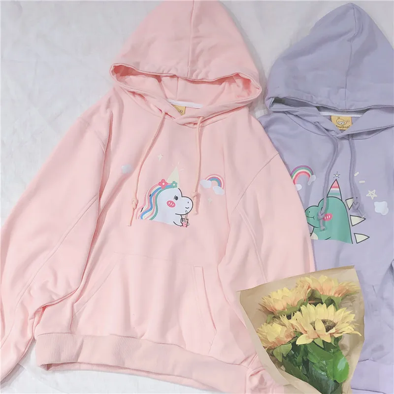 Мягкие японские игрушки милые маленькие животные печати Drawstring Kawaii милый Свитшот толстовка с капюшоном с длинными рукавами женские повседневные топы