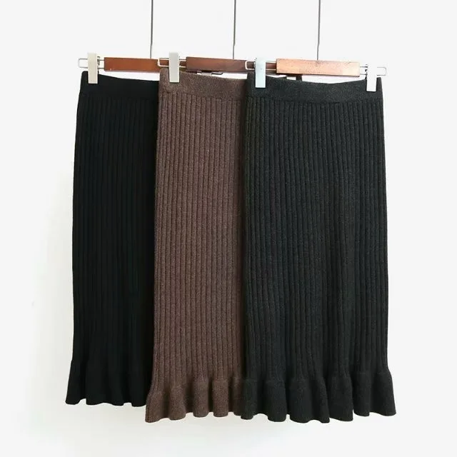 

Plus Size Women's knitted long skirt winter warm sweater stripe A-line midi skirts knit female skirts