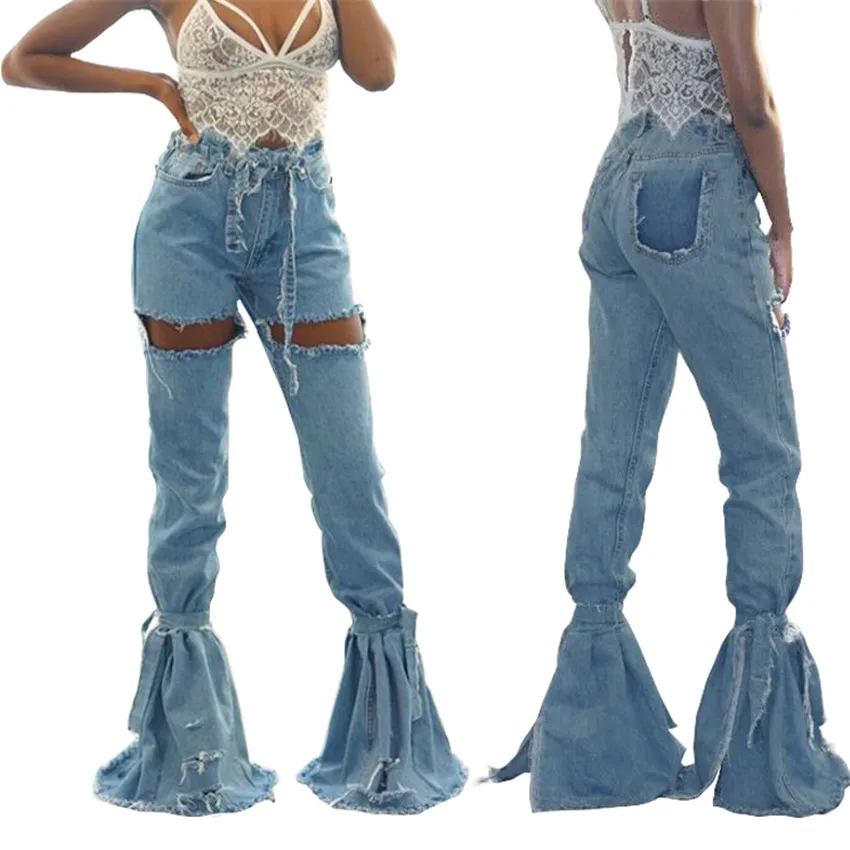 Wjustforu, модные Лоскутные рваные расклешенные джинсы для женщин, высокая талия, обтягивающие, с дырками, длинные штаны, женские, бандажные, Клубные, выдалбливают, джинсовые штаны