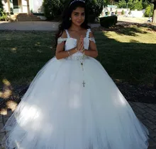 Princess Beige Lace Flower Girls Dresses for Wedding Ball Gown Cold Shoulder Beaded Sequins Long Holy First Communion Dress