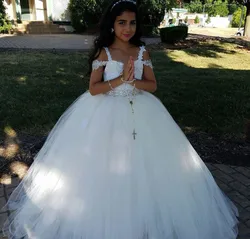Princess Beige Lace Flower Girls Dresses for Wedding Ball Gown Cold Shoulder Beaded Sequins Long Holy First Communion Dress