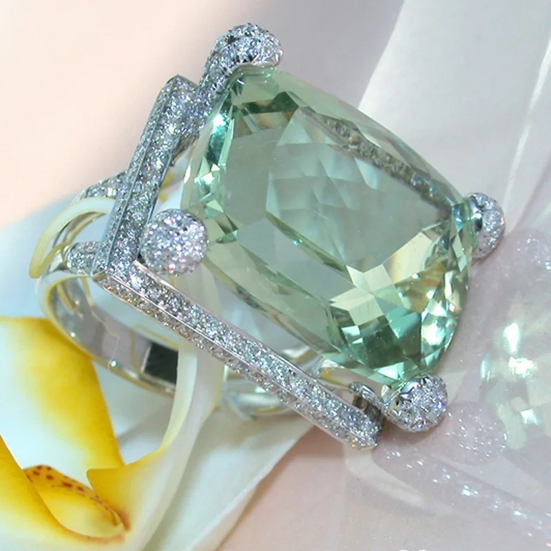 Высокое качество, элегантное зеленое кольцо с большим горным хрусталем, полые Свадебные обручальные кольца, ювелирные изделия для женщин, женские подарочные аксессуары