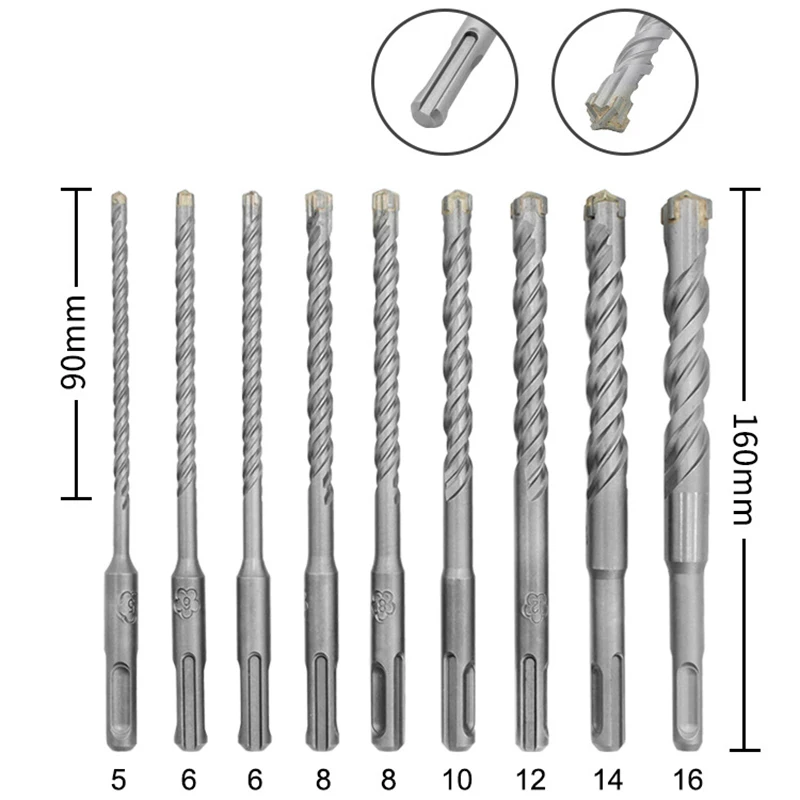 9 шт./компл. 160 мм сверло по бетону двойной Sds плюс Слот для каменной кладки с головой молотка инструмент высокого Скорость белый Сталь ключ, дюймовый стандарт для электродрели
