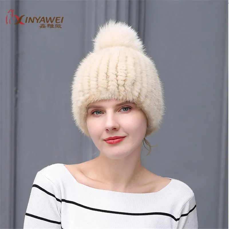 cream color Модная меховая шапка, шапка из натурального меха норки, аксессуары, шапка из меха лисы, женская новая модная шапка - Цвет: cream color