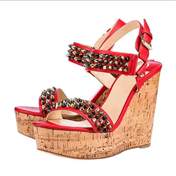 

SHOFOO shoes,Beautiful and fashionable women's shoes, rivet decoration, about 14.5cm wedges heel sandals, women's sandals.