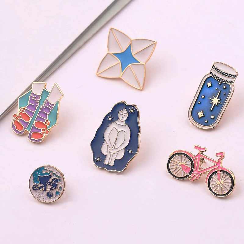 

Cartoon Brooch Bicycle Girl Origami Enamel Pins Wishing bottle Travel around the world Denim Jackets Hat Metal Lapel Pin Badges