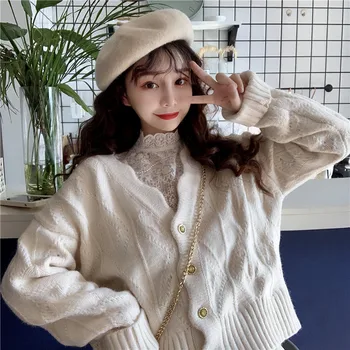 

Sannian Women Two Piece Set 2020 New Sweet Wave Pattern Knitted Jacket+stand Collar Lace Shirt Tops Two-piece Suit Women Clothes