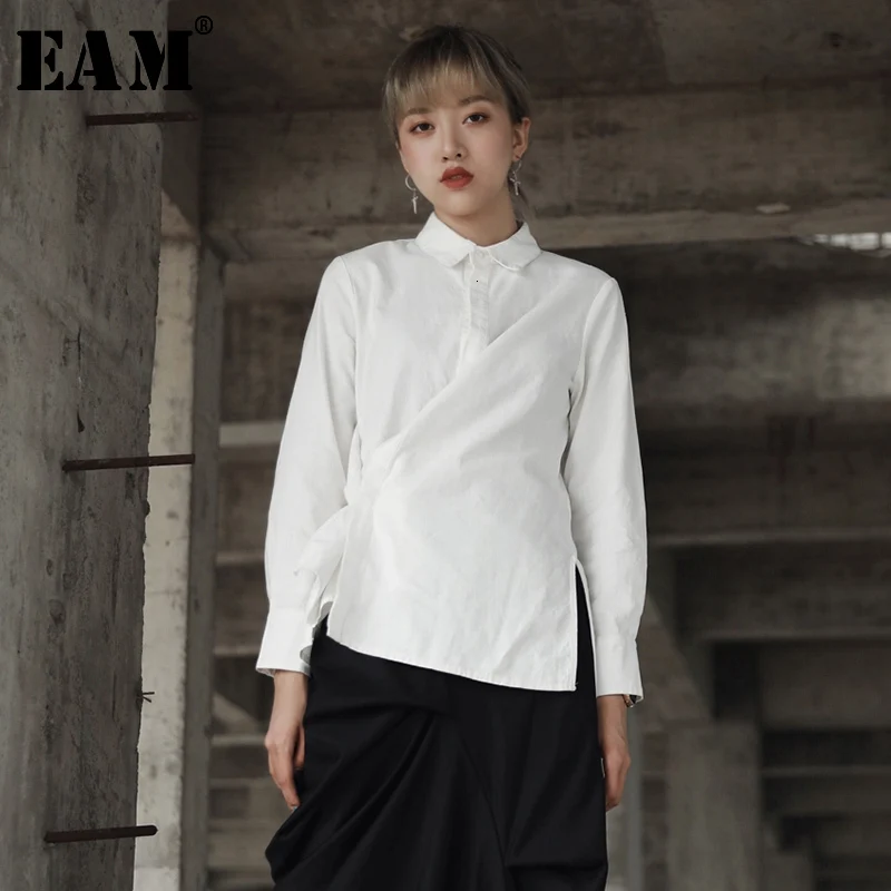 

[EAM] 2019 New Autumn Winter Lapel Long Sleeve White Side Bandage Split Joint Irregular Shirt Women Blouse Fashion Tide JG903