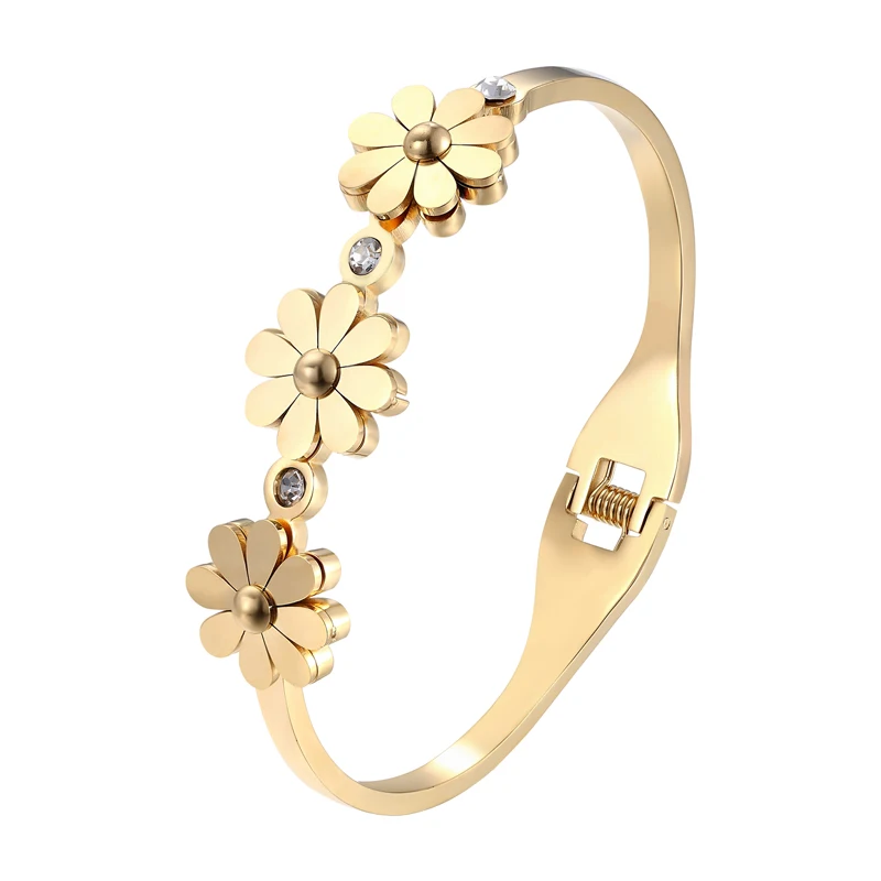 Crystal And 3 Chrysanthemum Shape Bracelets & Bangle Stainless Steel Spring Open Gold Color Bangle For Women Brand Jewelry bangle bracelet crystal bracelets stainless steel bracelet