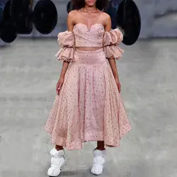 Polka Dot Для женщин комплект без бретелек с пышными рукавами Верхняя часть одежды с Высокая юбка с тонкой талией из двух частей комплект 2019