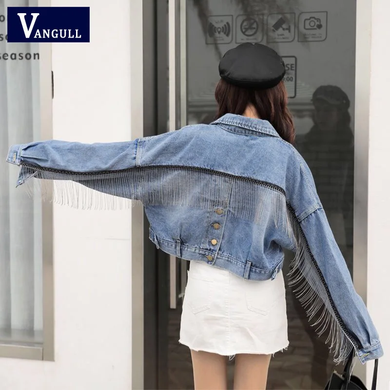 Vangull женская короткая джинсовая куртка с бахромой и рукавами «летучая мышь», женская модная одежда оверсайз, осенние джинсы в стиле стрит, пальто