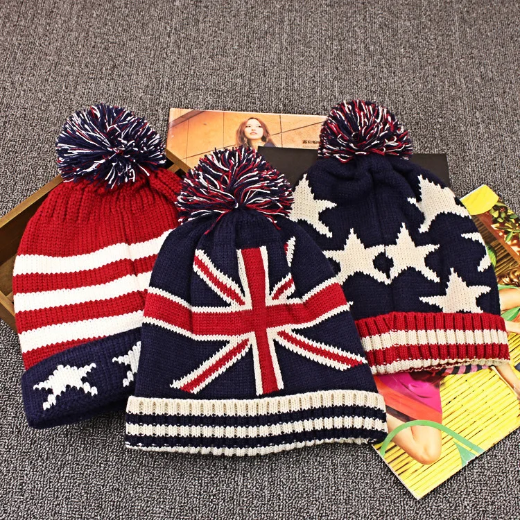 Fashion Casual USA Star And Striped Flag Beanies Women Men Autumn Winter Pom Poms Ball Knitted Cap British Flag Beanies 2