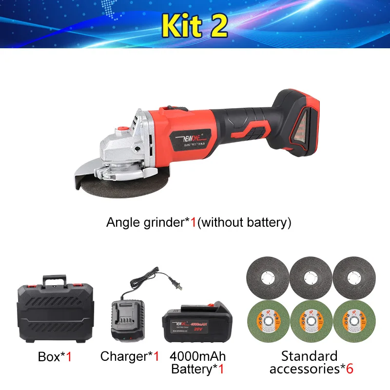 Kit 2 NEWONE 20V бесщеточный литий-ионный 4000mAh 100 мм угловой шлифователь с лопаточный переключатель беспроводной шлифовальный и Полировочный Электроинструмент M10 - Цвет: Kit 2