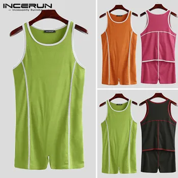 

Summer Men Playsuit Pajamas Patchwork O Neck Fashion Sleeveless Homewear Fitness Bodybuilding Men Rompers Shorts S-5XL INCERUN